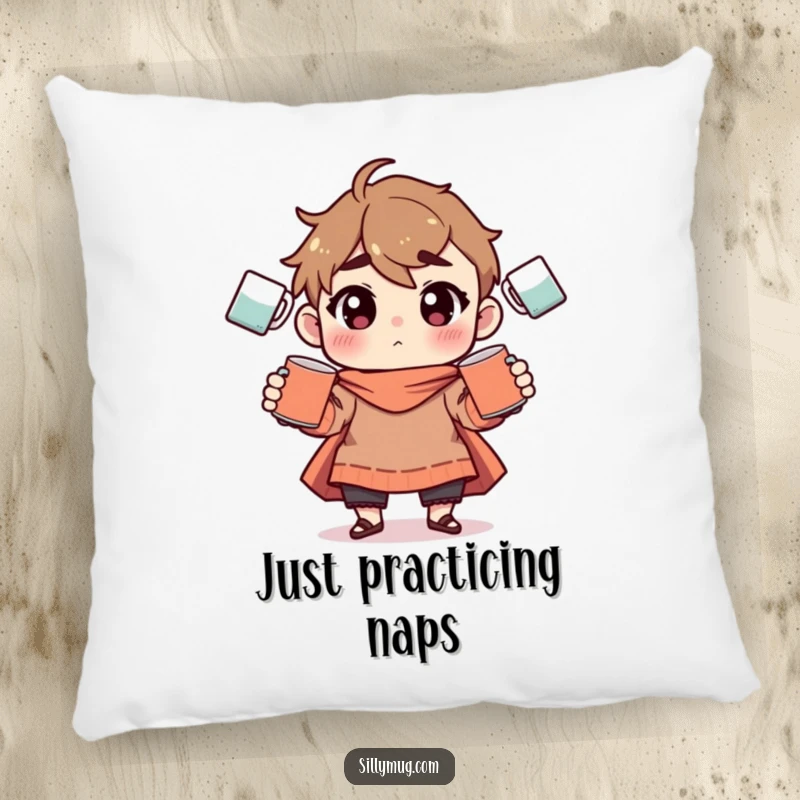 Funny Pillow: A character is pictured attempting to juggle several mugs, adding a humorous and comfortable touch to home decor.