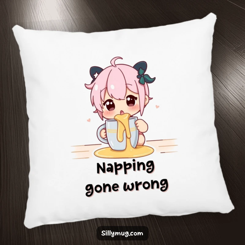 Funny pillow featuring a surprised character reacting to a liquid spill from a mug, offering cozy amusement.
