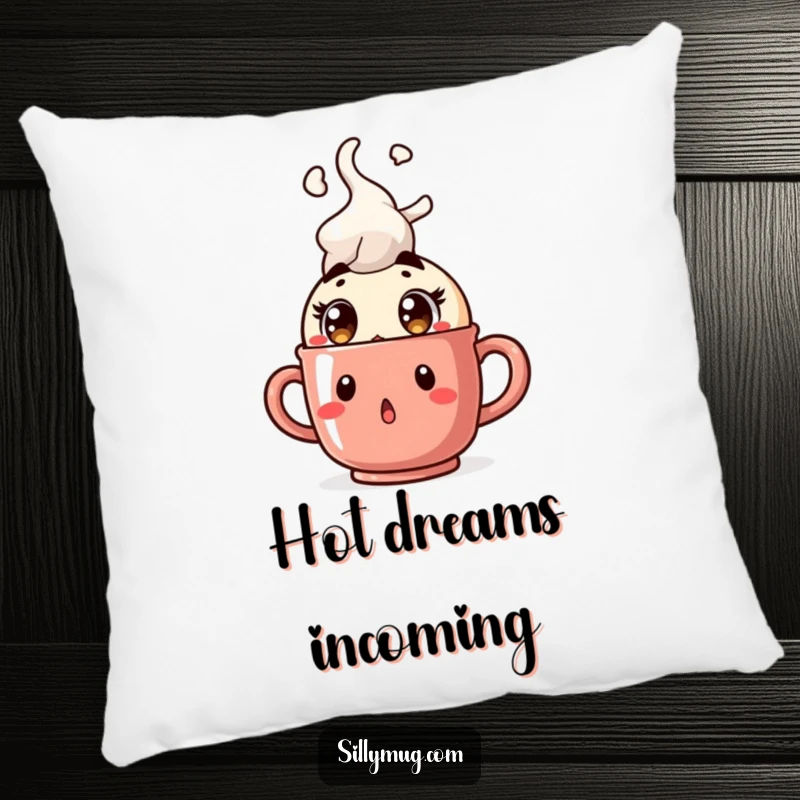 Funny Kawaii character pillow, surprised with wide eyes as a mug bursts with steam, soft and humorous home decor, ideal cozy gift.