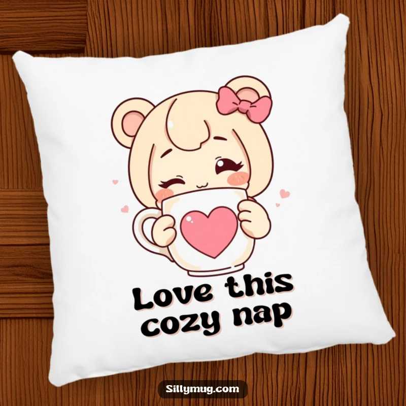 Funny pillow featuring a character winking while holding a steaming mug with a heart, designed for cozy, humorous, and decorative appeal.