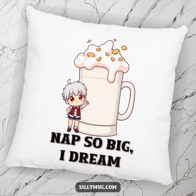 Funny pillow showcasing a character proudly posing with an extremely large, overflowing coffee mug, adding humorous comfort to decor.