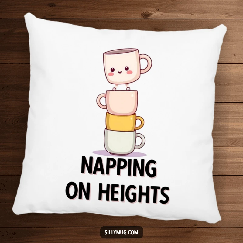 Funny pillow with a kawaii mug character balancing precariously on stacked mugs, providing comfort and amusement.