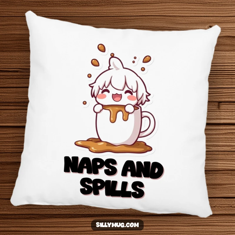 Funny Kawaii character pillow, joyfully spilling coffee from an overflowing mug, soft and humorous home decor, ideal cozy gift.