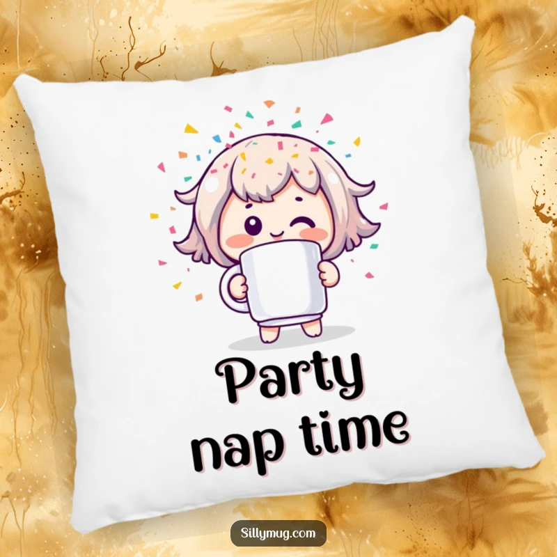 Funny pillow showcasing a cheerful Kawaii character holding a mug that shoots colorful confetti, adding a festive and comfortable touch.