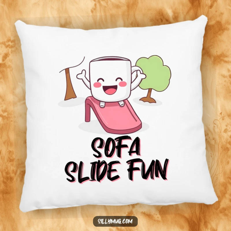 Funny pillow depicting a playful mug with arms outstretched, joyfully sliding down a slide, comfortable and humorous.