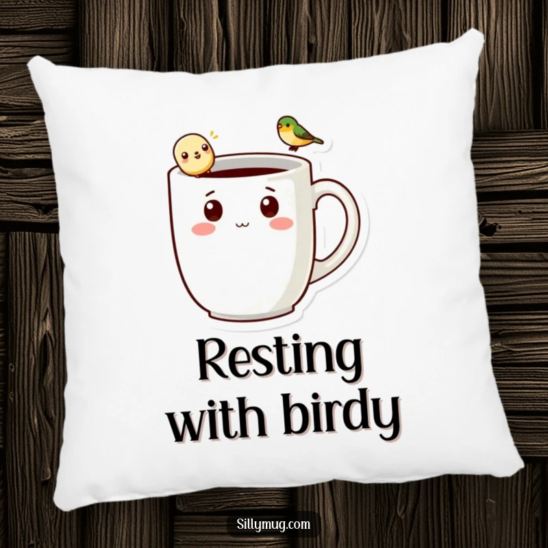 Funny kawaii mug character with a tiny bird on its handle, depicted on a soft, plush pillow for comfort and humorous decor.