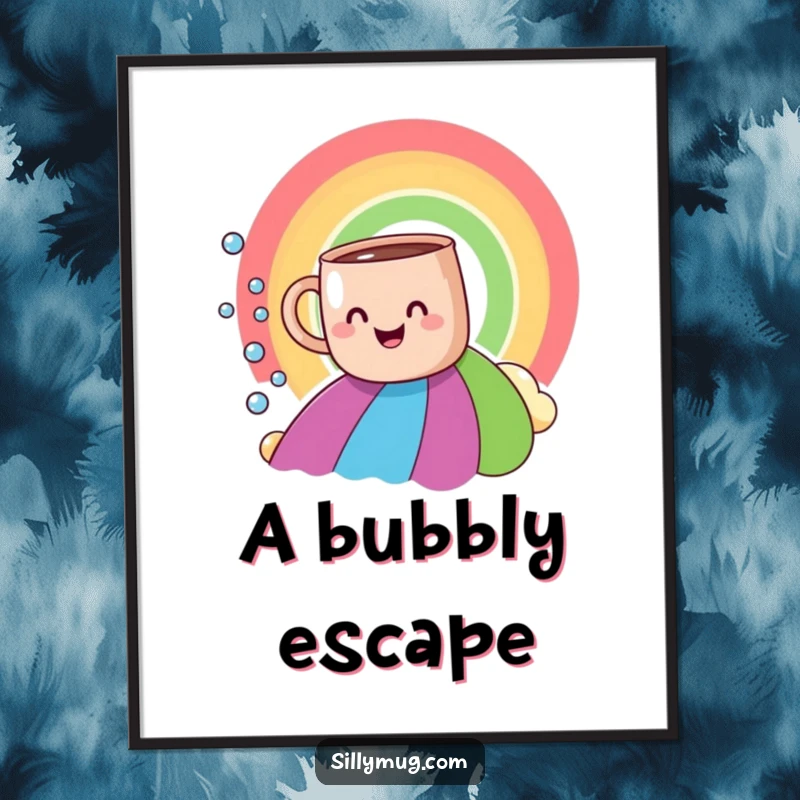 Funny smiling mug rainbow slide digital art print, showing a mug joyfully descending a rainbow, for instant humorous decor.