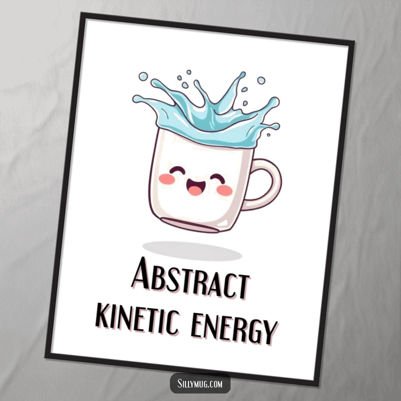 Funny Digital Art Print: A joyful mug spins like a top, splashing imaginary liquid, vibrant and energetic wall decor.