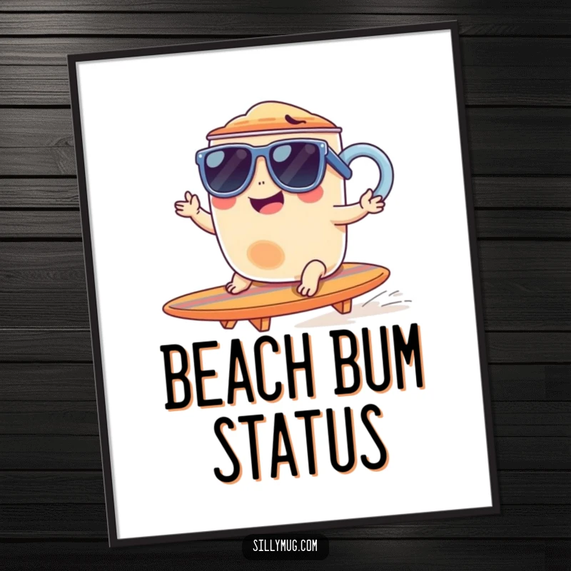 Funny digital art print of a giggling mug in sunglasses, surfing a tiny surfboard, providing instant humor.