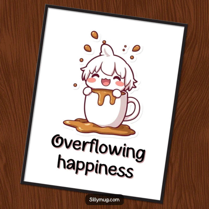Funny Kawaii character digital art print, joyfully spilling coffee from an overflowing mug, humorous illustration, instant download.