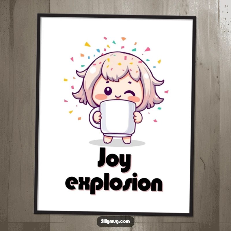 Funny digital art print of a cheerful Kawaii character holding a mug that sprays colorful confetti, perfect for adding a festive vibe.