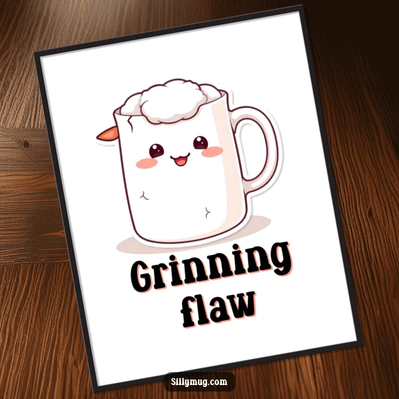Funny kawaii digital art print of a mug character with a cracked handle and a sheepish grin, bringing relatable humor.