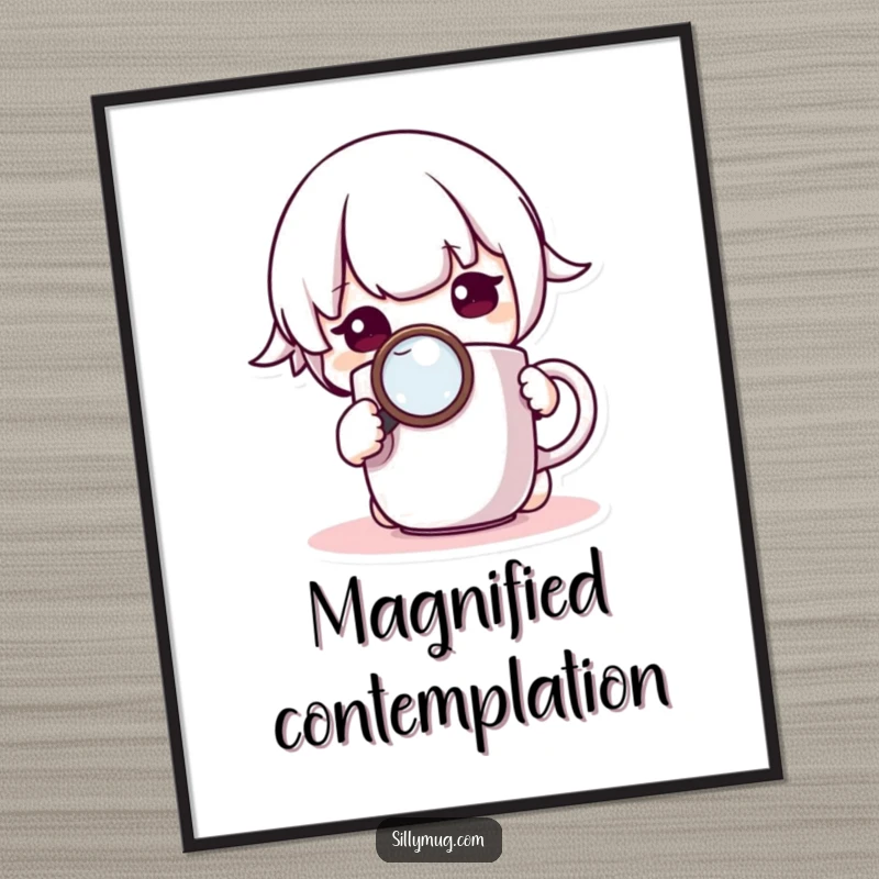 Funny Digital Art: A curious Kawaii character uses a magnifying glass to examine a mug, creating an image of focused, charming humor.