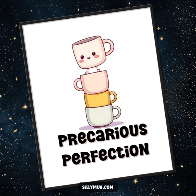 Funny digital art print of a kawaii mug character in a precarious balance on stacked mugs, capturing comical equilibrium.