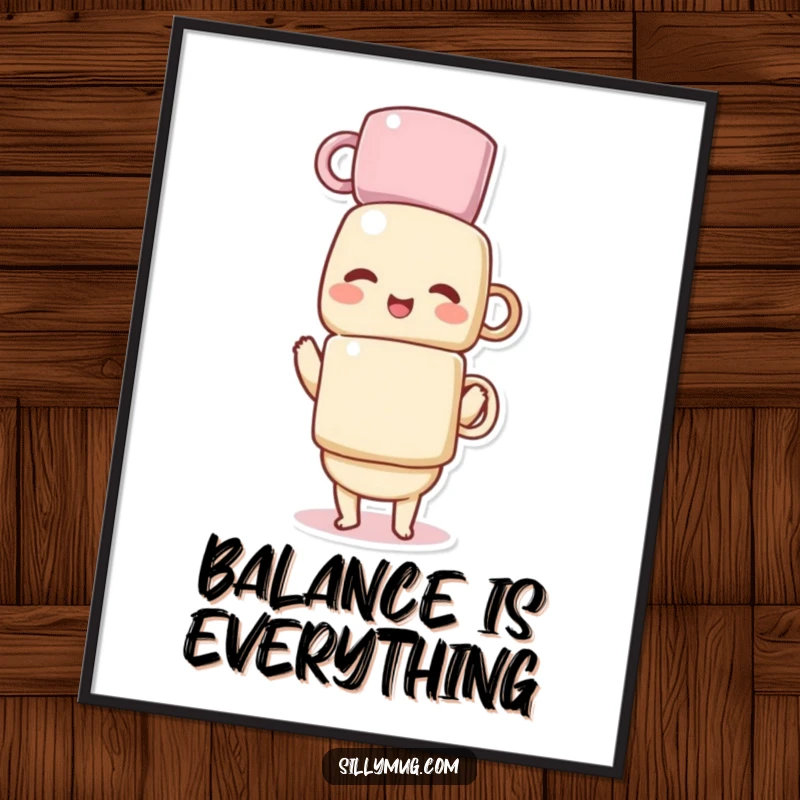 Funny digital art print of a giggling Kawaii character precariously balancing a tall stack of mugs, perfect for adding whimsical humor.