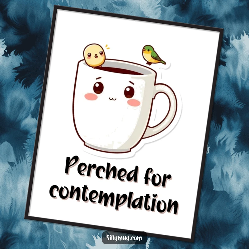 Funny kawaii mug character with a tiny bird on its handle, available as a printable digital art download for instant cheerful decor.