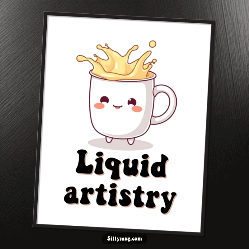 Funny kawaii mug character playfully splashing imaginary liquid, available as a printable digital art download for instant cheerful decor.