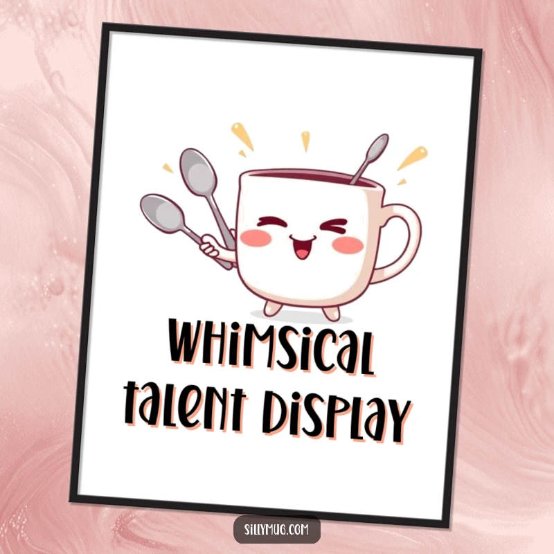 Funny winking mug juggler digital art print, showing a mug juggling spoons playfully, for instant humorous decor.
