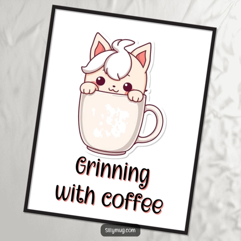 Funny digital art print of a character peeking over a mug with a mischievous grin, adding playful decor.