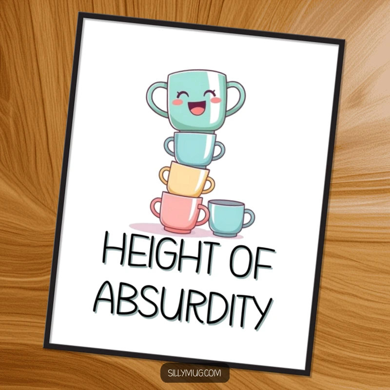 Funny laughing mug tower digital art print, showing a mug balanced on stacked cups, for instant humorous decor.