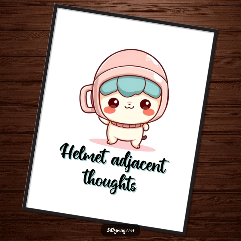 Funny Digital Art: A mischievous Kawaii character creatively uses a mug as a helmet, embodying playful inventiveness.