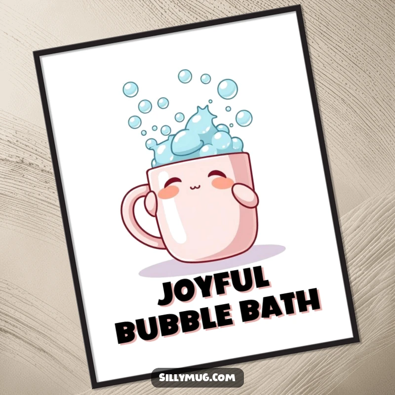 Funny digital art print of a character playfully tapping a mug overflowing with bubbles, adding playful decor.