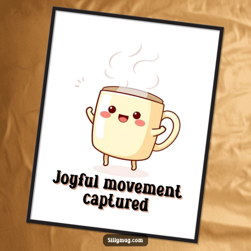 Funny digital art print of a kawaii mug character dancing energetically with swirling steam, capturing pure delight.