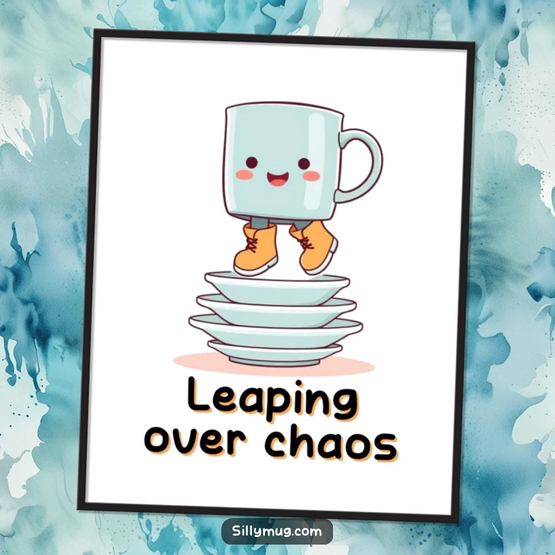 Funny booted mug hop digital art print, showing a mug with boots jumping over dishes, for instant humorous decor.