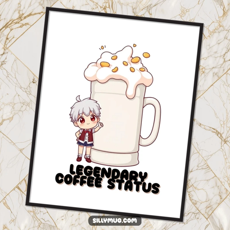 Funny digital art print of a character posing proudly next to a comically oversized, overflowing coffee mug, for humorous decor.