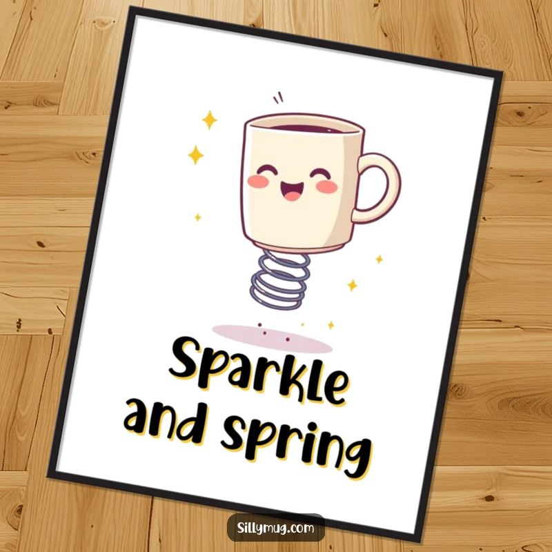 Funny digital art print of a happy mug bouncing on a spring, leaving a trail of sparkles, providing instant humor.