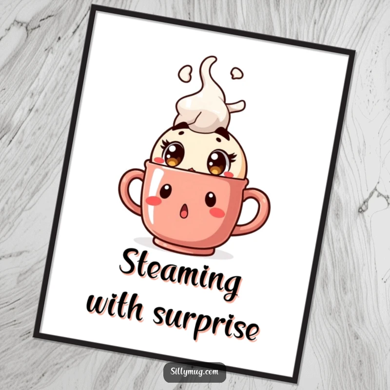 Funny Kawaii character digital art print, surprised with wide eyes as a mug bursts with steam, humorous illustration, instant download.