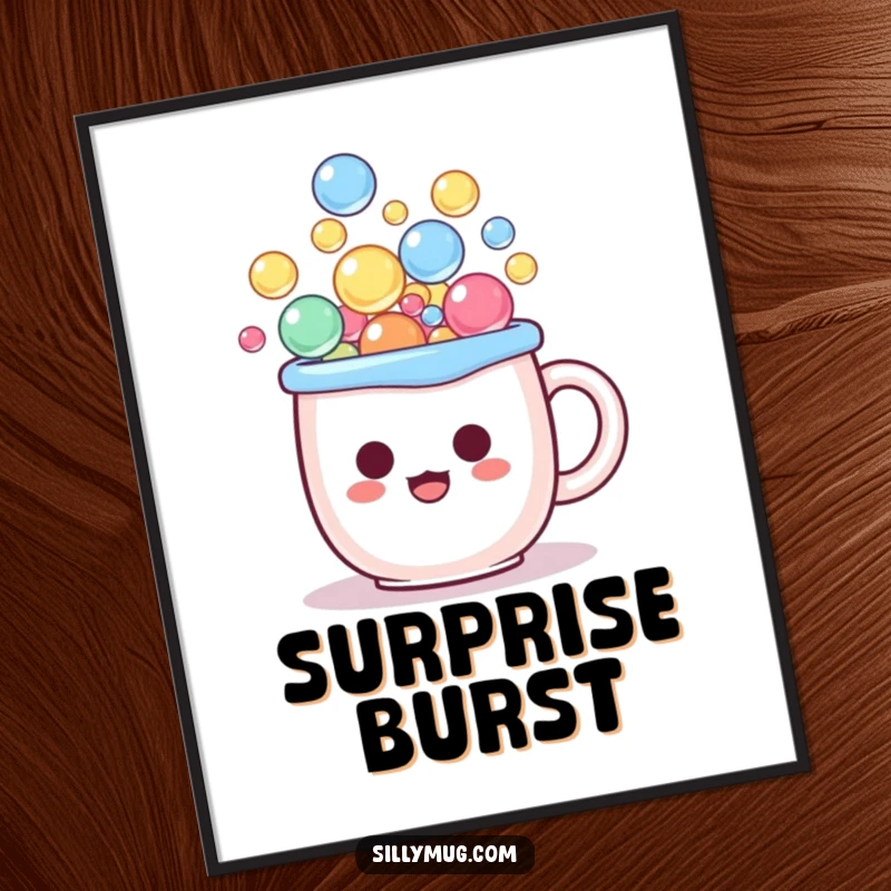 Funny kawaii digital art print of a mug character overflowing with bubbles, looking hilariously surprised, bringing cute whimsy.