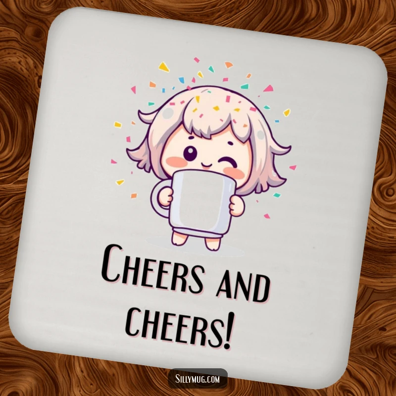 Funny drink coaster depicting a cheerful Kawaii character holding a mug that shoots colorful confetti, adding a fun and celebratory element.