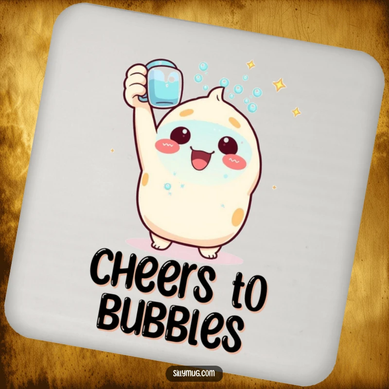 Funny Coaster: A triumphant Kawaii character raises a mug of sparkling bubbles, offering protection and a festive, humorous design.