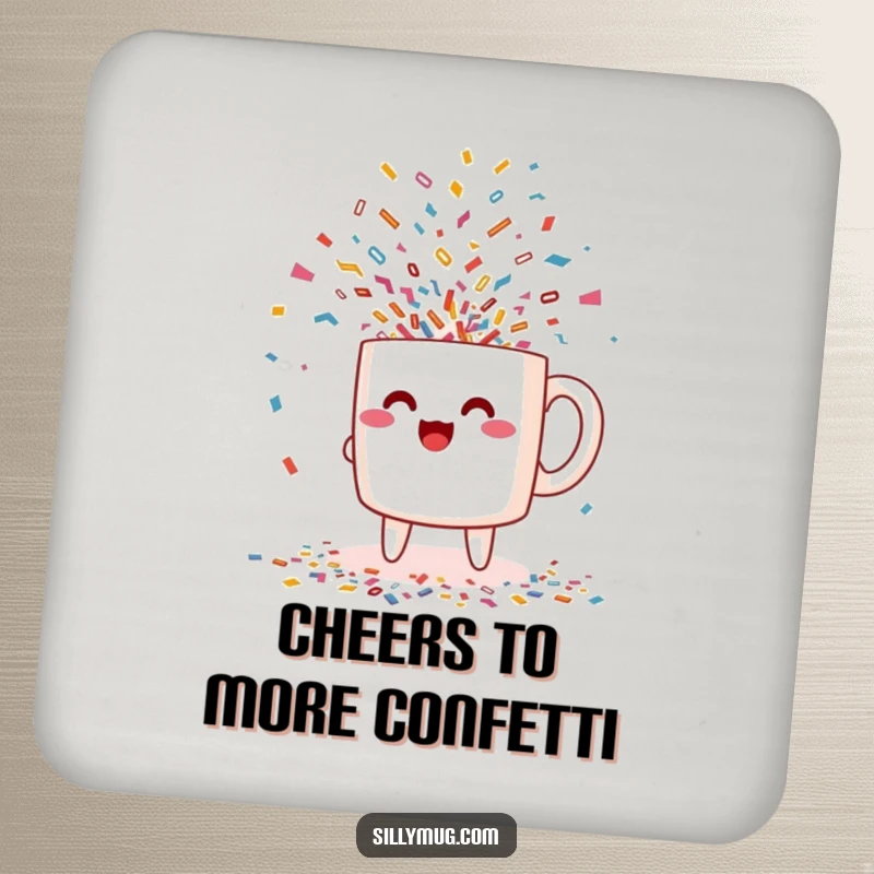 Funny excited Kawaii mug character pouring confetti coasters, protecting surfaces with festive artistic humor and charm.