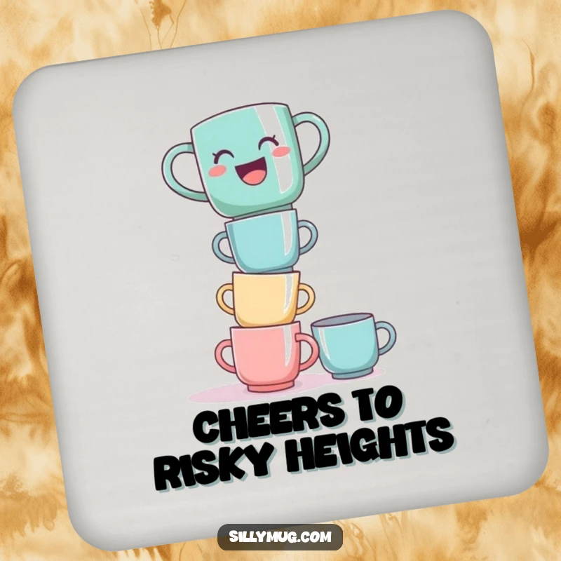 Funny laughing mug tower coaster, with a mug balancing on stacked cups, for humorous table protection.