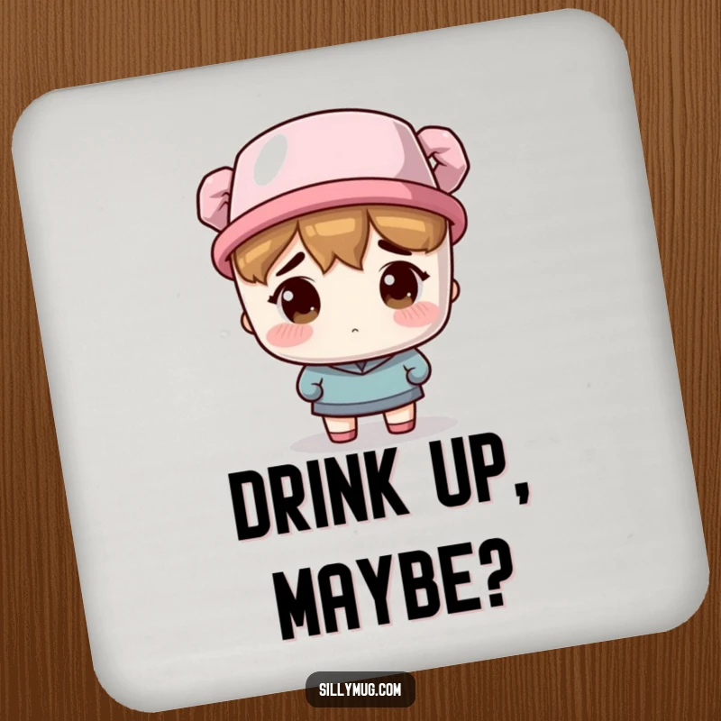 Funny Drink Coasters: A bewildered character wears a coffee mug as a hat, a humorous set to protect surfaces.