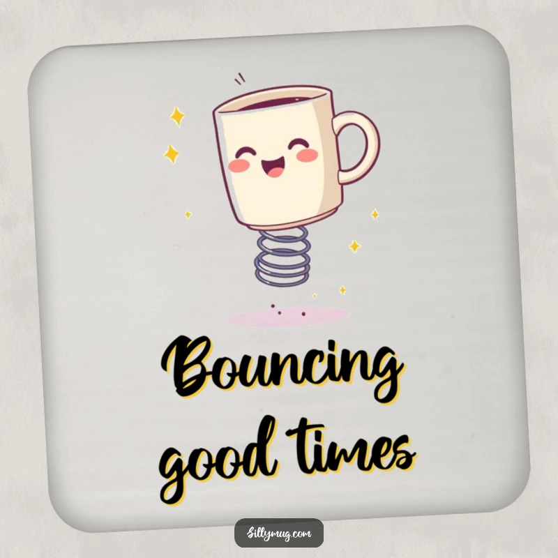 Funny drink coaster featuring a happy mug bouncing on a spring, leaving a trail of sparkles, protecting surfaces with humor.