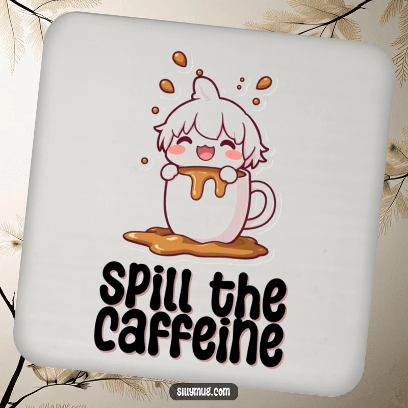 Funny Kawaii character coaster, joyfully spilling coffee from an overflowing mug, humorous table accessory, perfect for desks and bars.