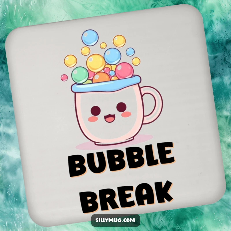 Funny kawaii coaster showing a mug character overflowing with bubbles, expressing comical surprise, ideal for surface protection.