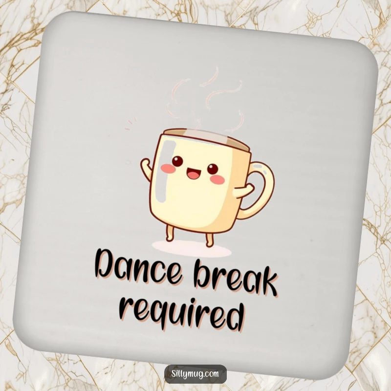 Funny drink coaster with a kawaii mug character doing a happy dance, steam swirling, protecting surfaces with cheer.