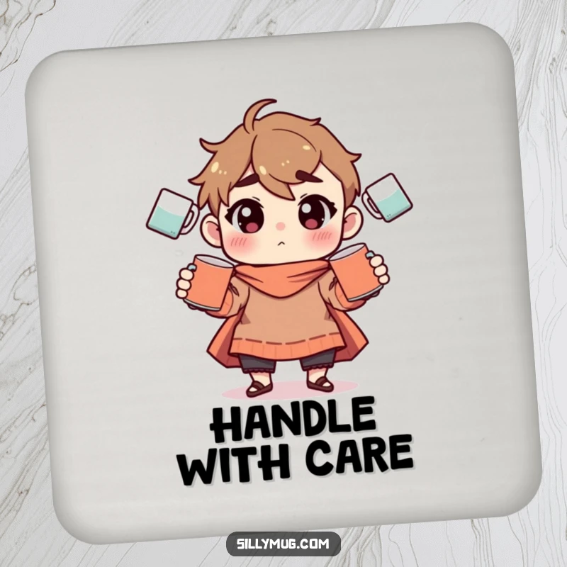 Funny Drink Coasters: A character is illustrated mid-juggle with coffee mugs, protecting surfaces with humor.