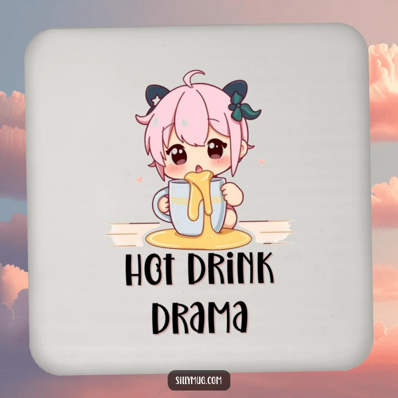 Funny drink coaster showing a surprised character after a mug spill, protecting surfaces with humor.