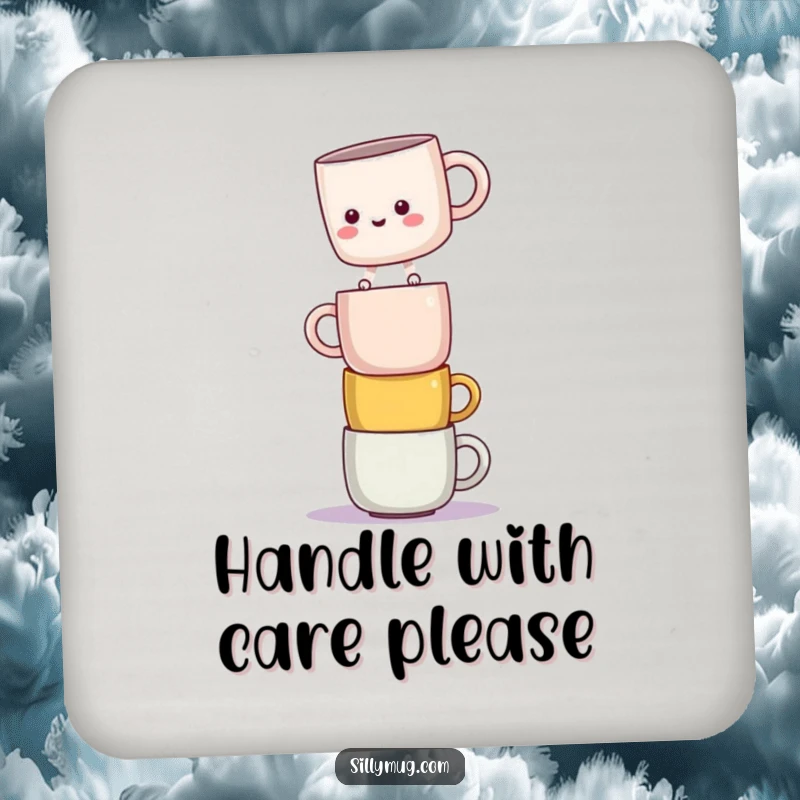 Funny drink coaster with a kawaii mug character balancing on stacked mugs, protecting surfaces with comical charm.
