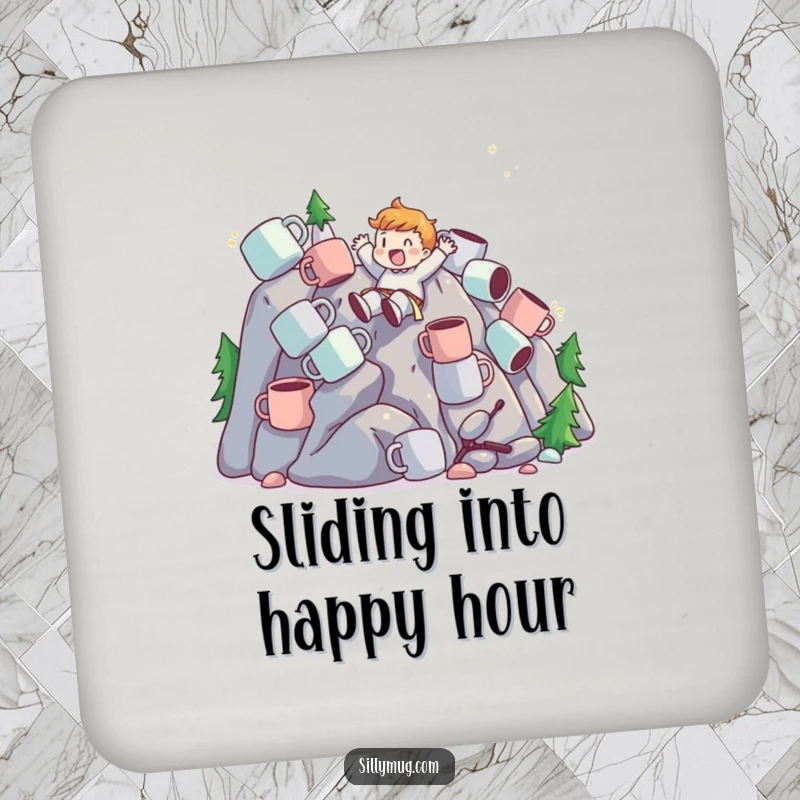 Funny Drink Coasters featuring a character sliding down a mountain of mugs, protecting surfaces with thrilling coffee-themed humor.