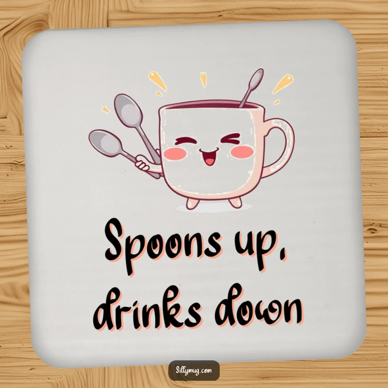 Funny winking mug juggler coaster, with a mug juggling spoons, for humorous table protection.