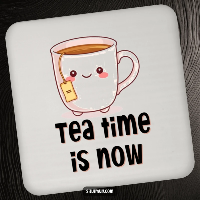 Funny drink coaster with a kawaii mug character having a tea bag string tied to its handle, protecting surfaces with cuteness.