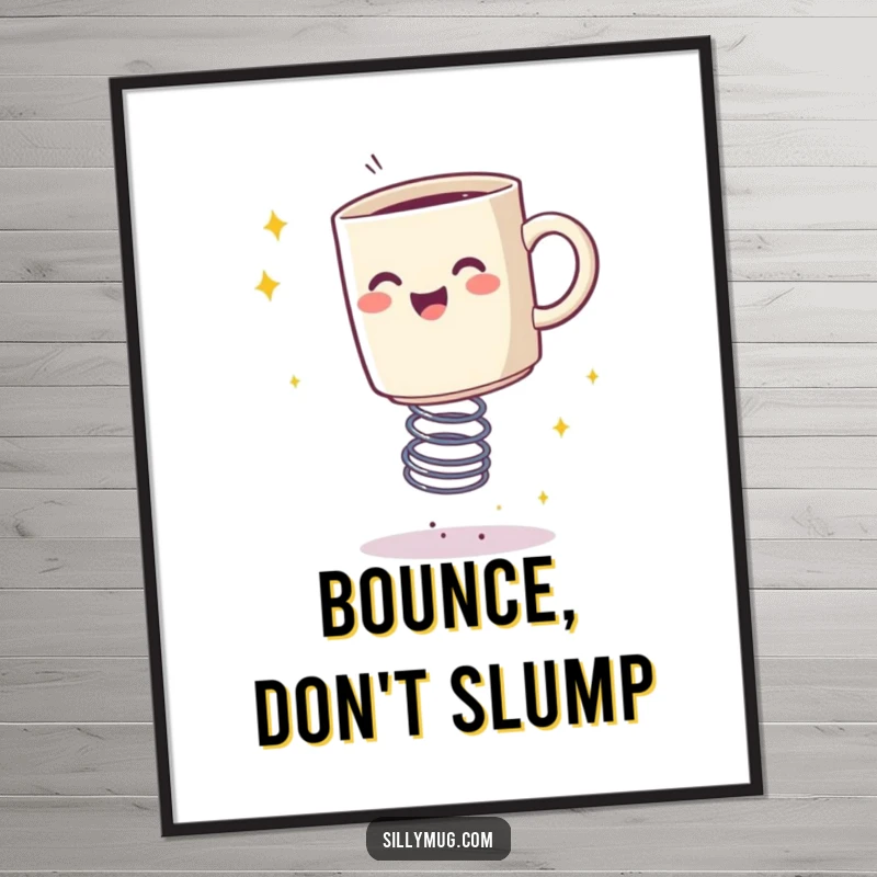 Funny poster of a happy mug bouncing on a spring, leaving a trail of glittering sparkles, bringing joyous decor.