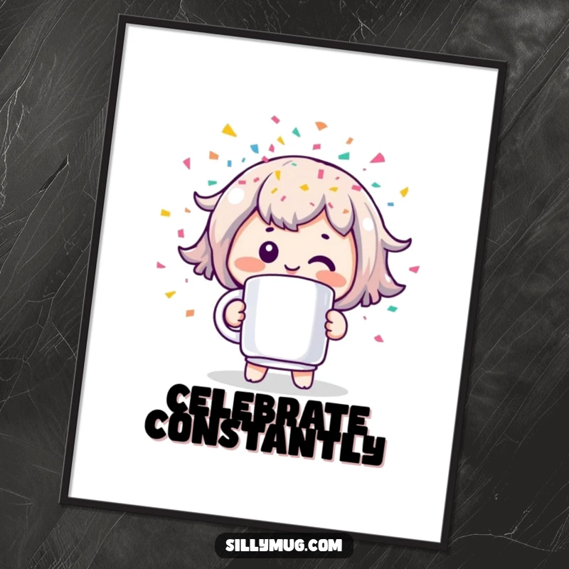 Funny poster featuring a cheerful Kawaii character with a mug that blasts colorful confetti, creating a scene of pure, unadulterated joy.