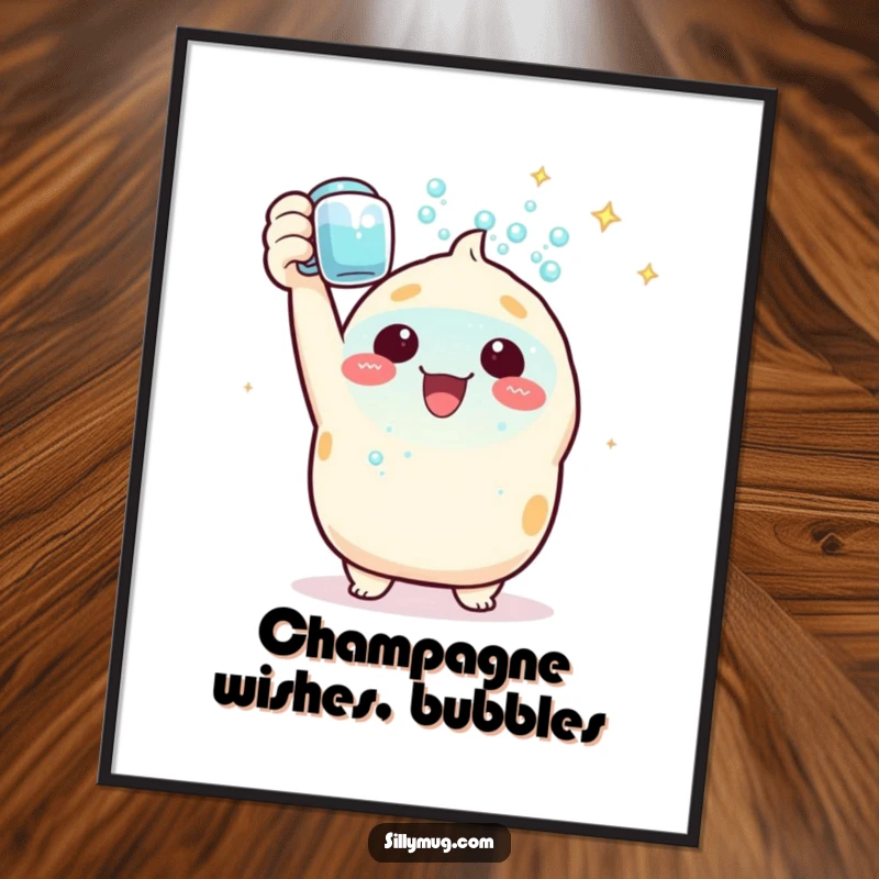 Funny Poster: A triumphant Kawaii character holds a mug filled with sparkling bubbles, creating a visually celebratory and cheerful scene.